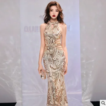 

Elegant Halter Sequined Bodycon Mermaid Long Dresses Party Crystal Hollow Out Zipper Back Maxi Dress