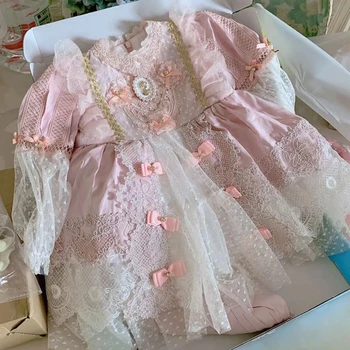 

Autumn Spring Long Sleeve Pink Lace Turkish Vintage Lolita Bow Ball Gown Princess Dress For Bady Girls Birthday Chritmas Party