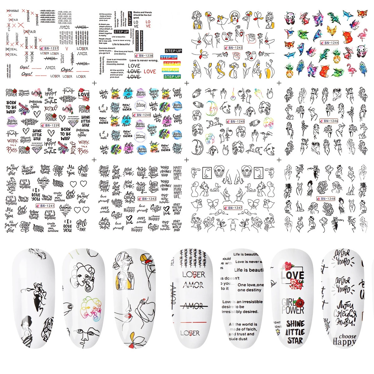 

12 Styles/Sheet Nail Art Water Transfer Sticker Animal Human Face English Abstract Image DIY Slider Decal Manicure Tool