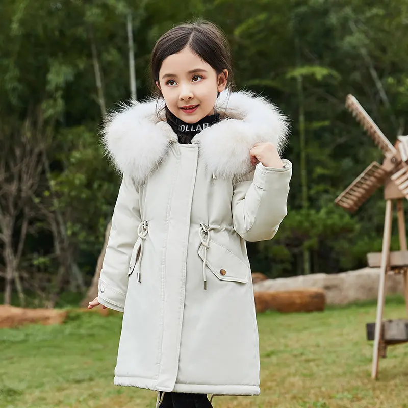 Модные пуховики для девочек толстые теплые детские парки на утином пуху флисовое пальто меховая верхняя одежда для детей и подростков на холодную зиму-30 градусов - Цвет: Бежевый