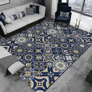 

DeMissir Mediterranean Blue Gemetric Flowers Printed Carpets Rugs For Home Living Room Bedroom Kitchen Bedside Table Pad