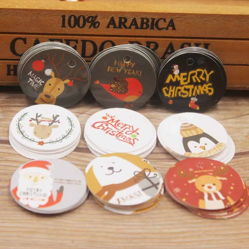 

New 3*3cm circle shape 100pcs white /black /yellow christmas paper gift hang tag for christmas favors/baby toy display package