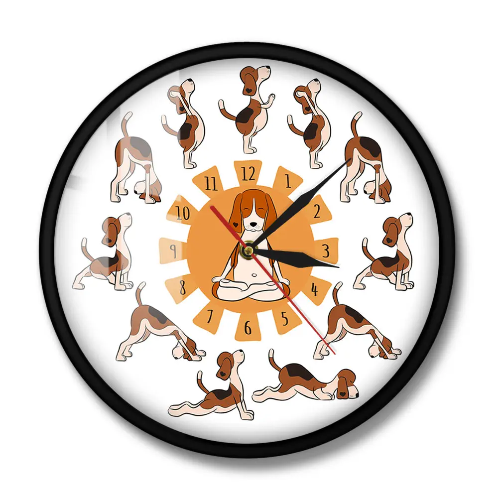 Cartoon Funny Dog Doing Yoga Position Of Surya Namaskara Doggy Style Yoga Wall Clock Beagle Dog Pet Cartoon Yoga Wall Watch 3