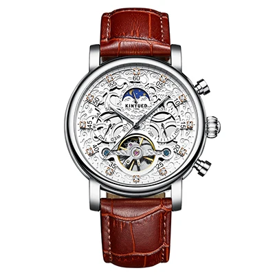 KINYUED Watches Men Fashion Brand Skeleton Automatic Mechanical Watch Man Wateproof Leather Moon Phase Calendar Wristwatch Man - Цвет: Silver Brown