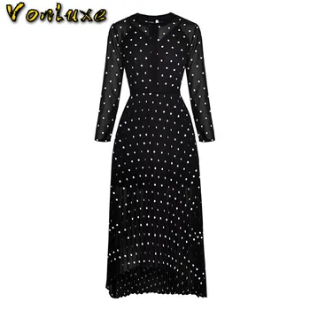 

2020 New Arrival Fashion Casual O-Neck Sleeve High Waist Dress Women Spring Autumn A-Line Pleated Long Dresses Lady Clothes