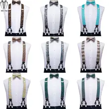 Luxury Silk Mens suspender Set 6 Clips Men Vintage Braces Bow tie Hankerchief Cufflinks Y Back Straps Belt Wedding Party Office