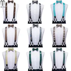 Luxury Silk Mens suspender Set 6 Clips Men Vintage Braces Bow tie Hankerchief Cufflinks Y Back Straps Belt Wedding Party Office