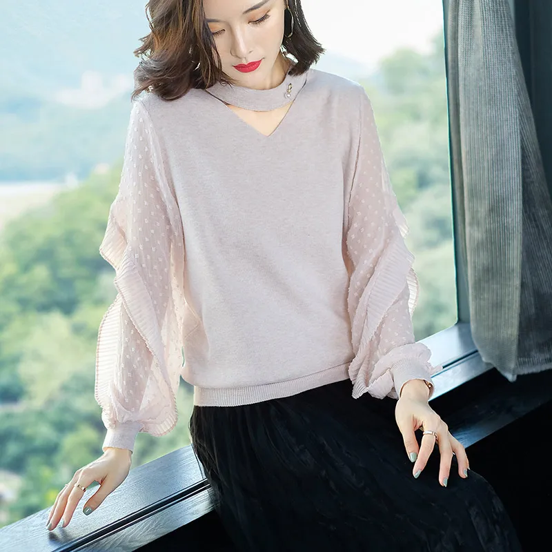 Summer Pure V-neck short women knit sweater Edge-dotted yarn sleeve women sweater pure color fashion thin sweater new - Цвет: skin pink
