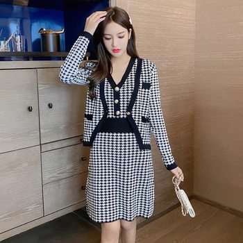 

Korean Two Piece Sweater Dress 2020 Autumn Winter Long Sleeve Houndstooth Jecket And Dress Women Casual Party Dresses Vestidos