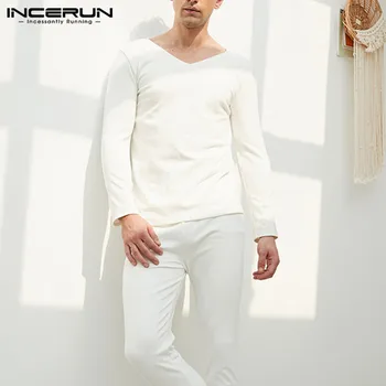 

Fashion Long Sleeve V Neck Tops Elastic Pants Homwear 2 PiecesINCERUN Men Solid Color Pajamas Set Breathable Mens Sleepwear 5XL