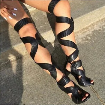

Sexy Peep toe thin heels Black Gladiator shoes woman over the knee boots Lace Up summer Cut Out boots lady fashion big size 45