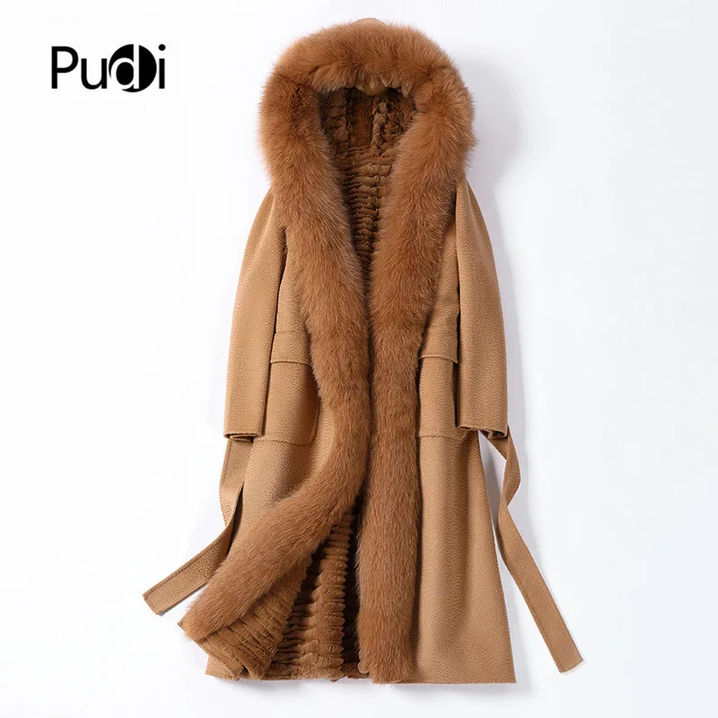 

Pudi Women Winter Real Fur Coat Jacket Rex Rabbit Fur Liner Fox Fur Collar 2020 Ins Hot Lady Female Overcoat Trench Parka Z19132