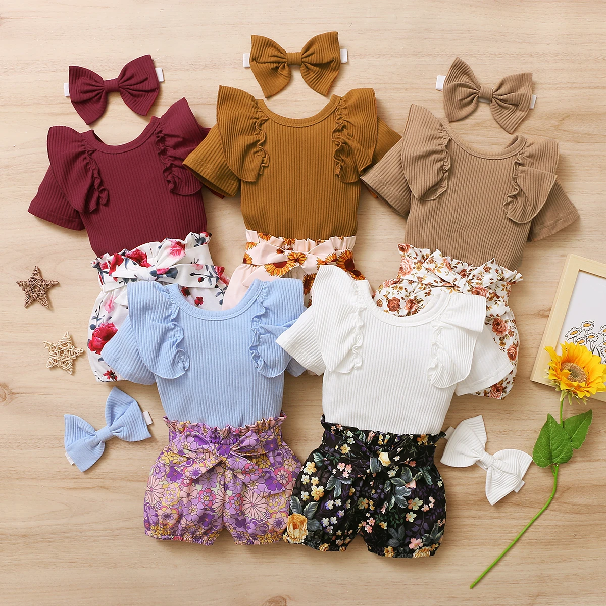 3Pcs Newborn Summer Baby Girls Clothes Set Toddler Button Romper New Born Infant Cute Outfit Ruffle Short Sleeve Shorts Headband newborn baby clothing set