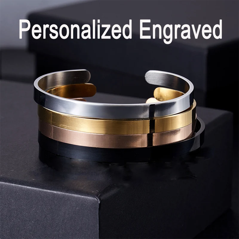 Auxauxme Custom Engrave Name Cuff Bangle Stainless Steel Personalized  Adjusatble Size Text Date ID Bracelets Jewelry