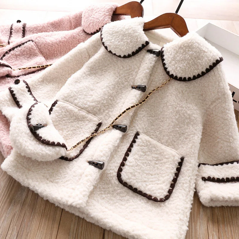 

Girls' Long Tweed Coat New Children's Single Button Lamb Cashmere Integrated Leather Coat Baby's Warm Woolen Coat 2-8Y