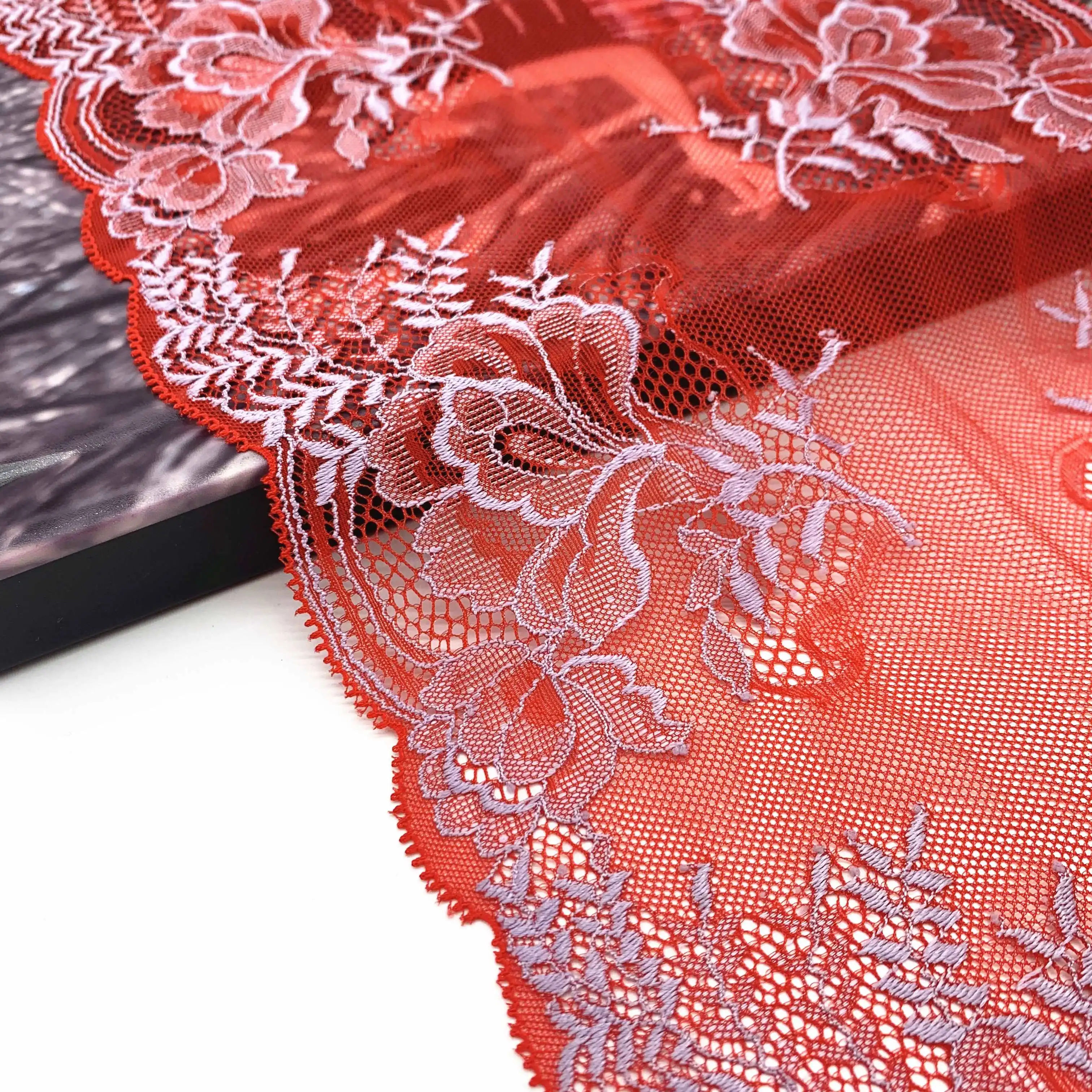 3M/lot Width 7 7/8 inch (20cm) Red Stretch Lace Trim 2
