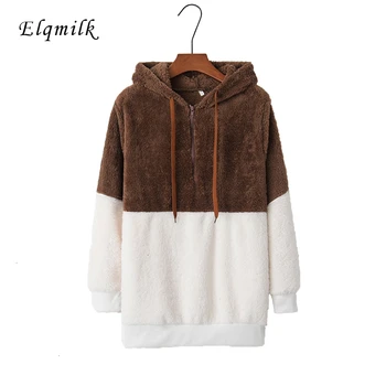 

ELQMILK Hoodies Winter Patchwork Women Warm Sweatshirts Pullovers Worsted Full Sleeve One Piece Set Female Hoodies Plus Size