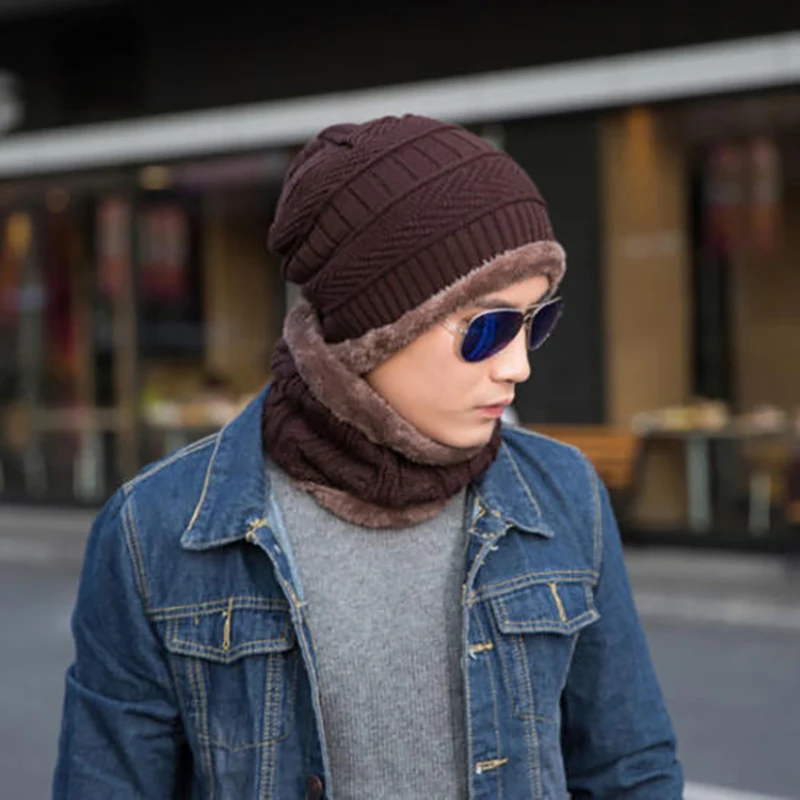 Coffee Hat Scarf Шапка+ шарф бини шерстяные наушники Акриловые Вязаные Лыжные шапки зимние вязаные теплые солнцезащитные козырьки одежда флисовая шерстяная шапка - Цвет: Coffee Hat Scarf