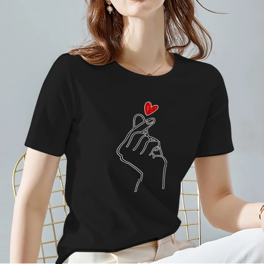 Women Tops Tee Black All-match Casual Ladies T-Shirts O Neck Love Heart Pattern Print Commuter Short Sleeve Women's Clothing friends t shirt