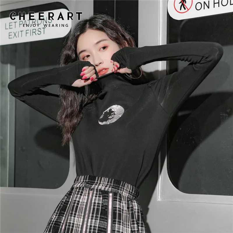CHEERART Embroidery Moon T Shirt Women Black Turtle Neck Long Sleeve Top Fuzzy Tee Basic Tshirt Underwear | Женская одежда
