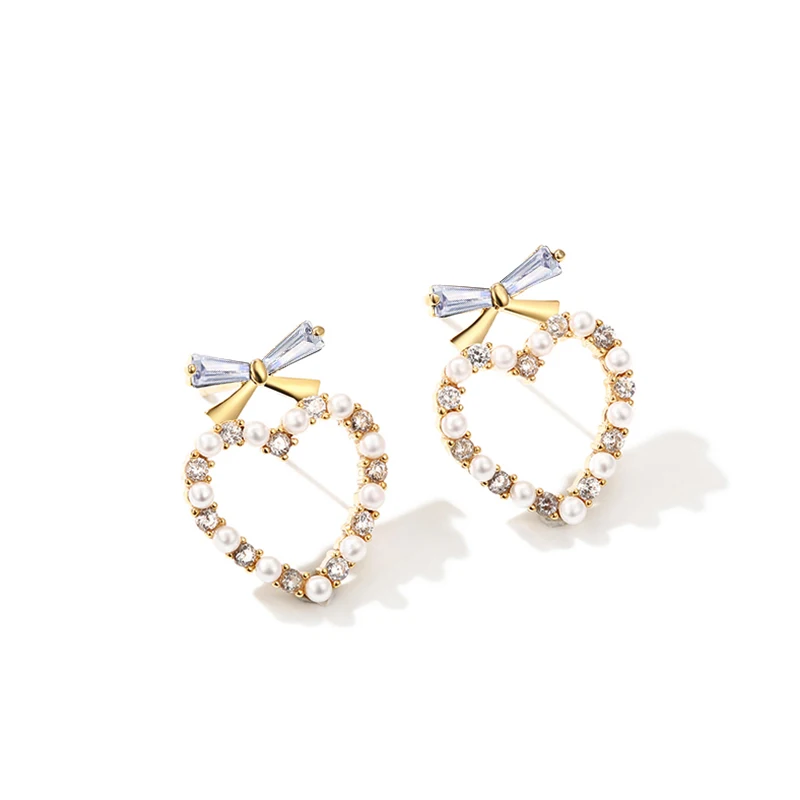

New Gold Color Crystal Love Heart Stud Earrings Shiny CZ Zircon Bowknot Pearl Earrings For Women Fashion Wedding Jewelry 2019