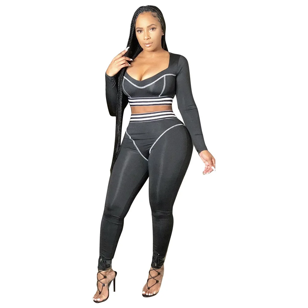 

2 Piece Outfits for Women Pants and Top Fall Clothes for Women Casual O-Neck Short Striped Full Length Two Piece Set Women