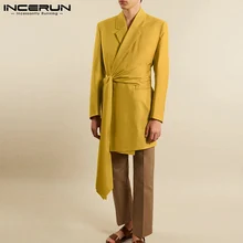 

Tops 2021 Party Nightclub New Men's Long Sleeve Lapel Jackets INCERUN Male Solid Well Fitting Long Coats With Belt Blazers S-5XL