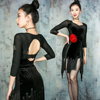 

Professional Latin Dance Dress Female Sexy Split Tassel Long-Sleeved Dress Ballroom Dance Clothes Women Stage Dancewear DWY2474