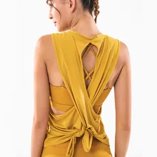 Спортивный жилет быстросохнущая майка для бега на задней части туфлей, крестообразная шнуровка полые Йога Рубашка Свободный Топ для тренировок Для женщин без рукавов, для тренажерного зала, футболка