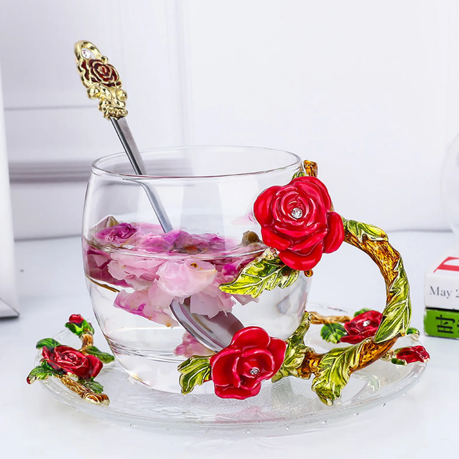 Behogar стильная 3D Цветочная стеклянная чашка кофейная чайная кружка с ложкой на Рождество год День святого Валентина подарки на день рождения 320 мл