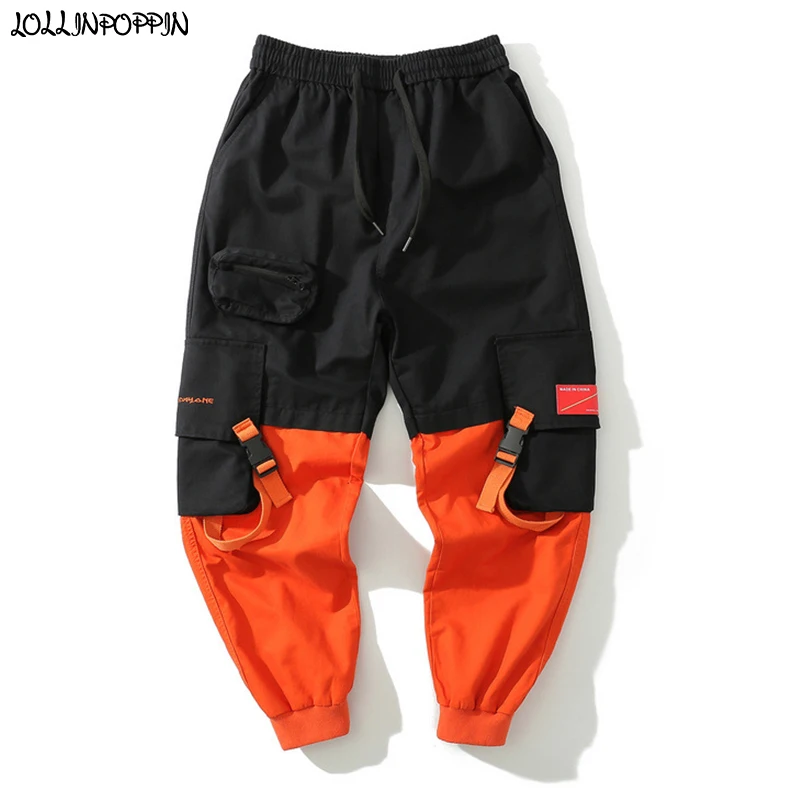 

Men Contrast Color Patchwork Multi-Pockets Cargo Jogger Pants Elastic Waist Streetwear Japan Style Casual Pants Buckle Straps