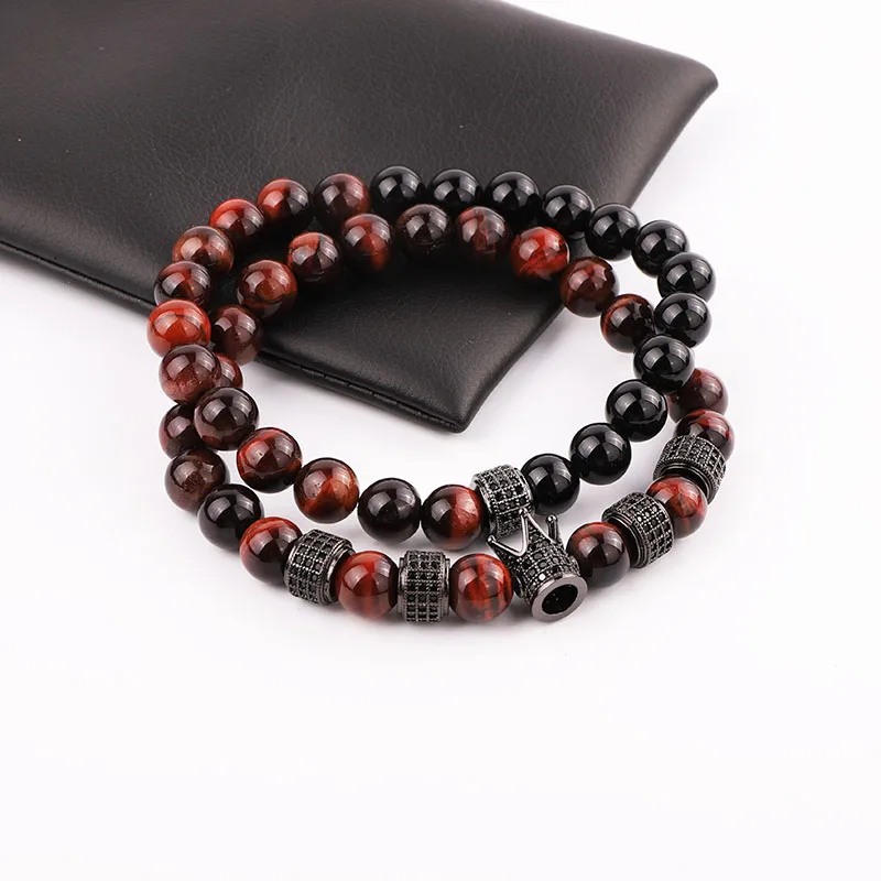 High Quality Natural Red Tiger Eye Onyx Stone Beads Cubic Zircon Charm Elastic Beads Bracelet Set Jewelry Men - Image 6