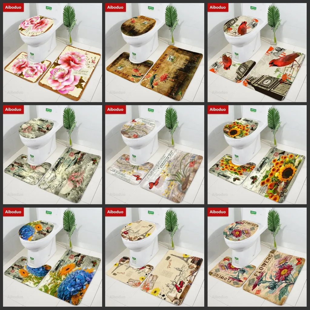 

Vintage Stamp 3Pcs/set Bathroom Mat Flannel Anti-Slip Kitchen Bath Mat Carpet Bathroom Toilet Rug Washable Tapete Mats 40X60CM