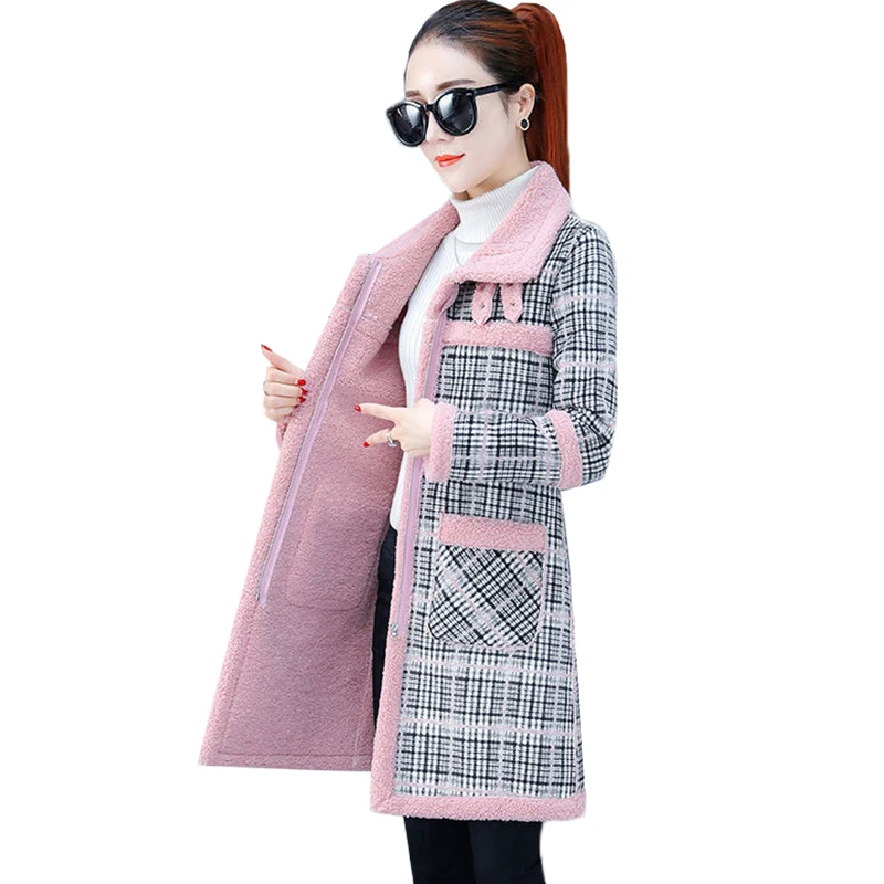 

Women Winter Jacket New Fashion Plaid Imitation Lamb Wool Coat Ladies Mid LongOvercoat Warm Cotton Clothing Female Woolen Coat