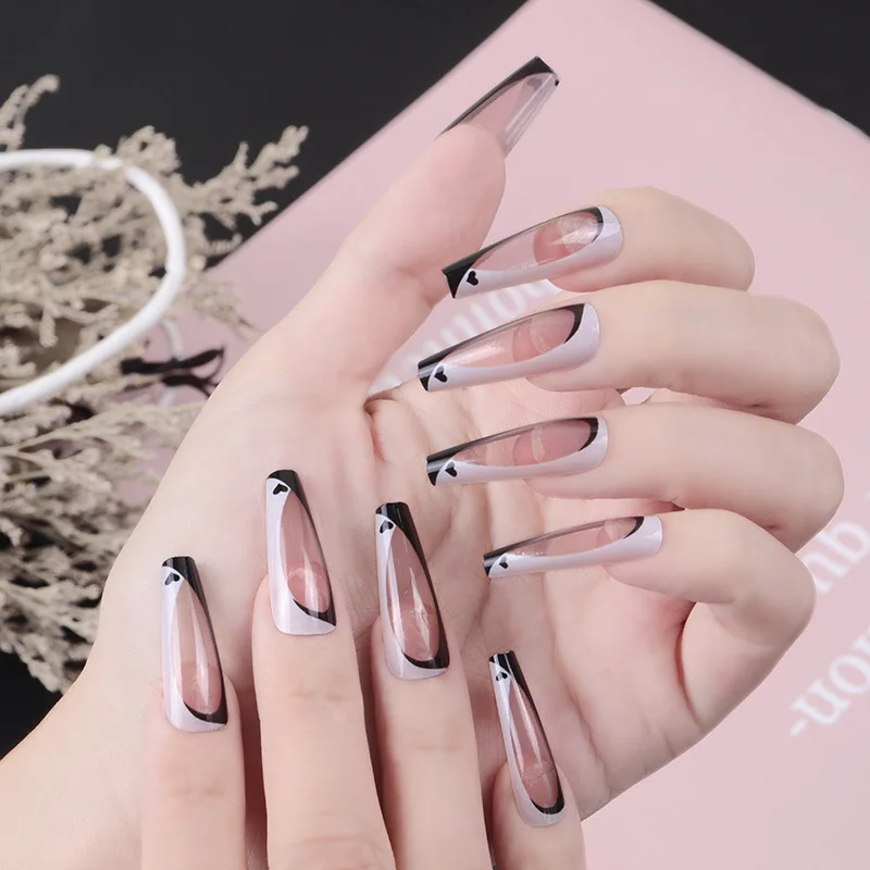 Uñas postizas negras, uñas postizas transparentes Love, cobertura completa,  pegamento de gelatina desmontable, 24 unids/caja - AliExpress Belleza y  salud