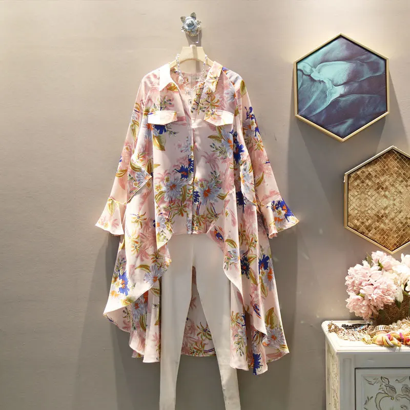 

[EWQ] 2019 Spring Autumn High Quality Lapel Long Sleeve Print Patchwork Single Breasted Streetwear Shirt Women AH49105