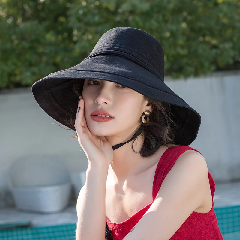 

Black Fisherman Hat For Women Sun Hats Summer Big Brim Bucket Hats Japanese Korean Panama Foldable Beach Suncreen Hat Caps