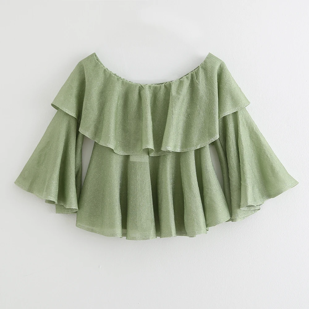 

Summer 2019 New Metal-Lined Out-of-Shoulder Shirt Women's One-Word Collar Lotus Leaf Side Stacked Shirt