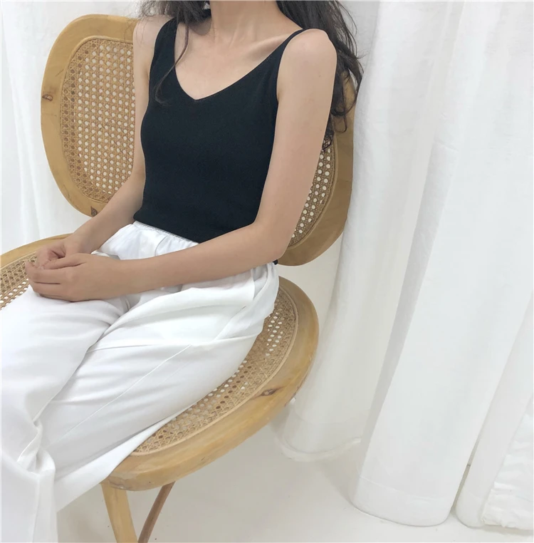 Black Женская одежда Весна Осень корейский vestidos сексуальный черный белый майки с v-образным вырезом женский внешний F0804 - Цвет: Black