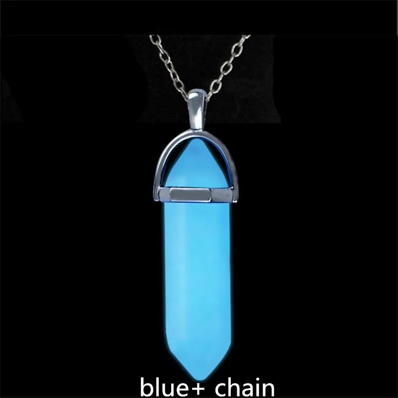 chain blue green Темный светящийся камешек флуоресцентный Column колонна ожерелье натуральный кристалл сверкающий в темноте пуля камень подвеска кожаная ожерелье - Окраска металла: chain blue green
