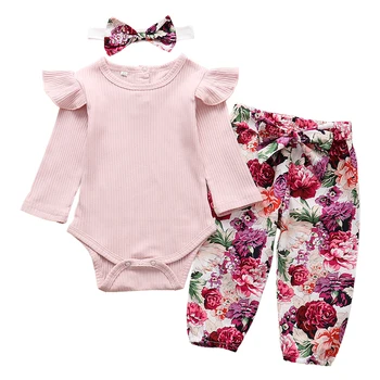 

Newborn Baby Girls Clothes Ruffle Romper Tops Floral Print Pants And Headband New Born Infant Clothing Outfits Pink 3Pcs Set