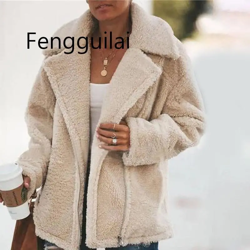 FENGGUILAI Women Soft Warm Plush Jacket Winter Turn-down Collar Zipper Fleece Lady Coats 2020 Autumn Streetwear Female Outerwear