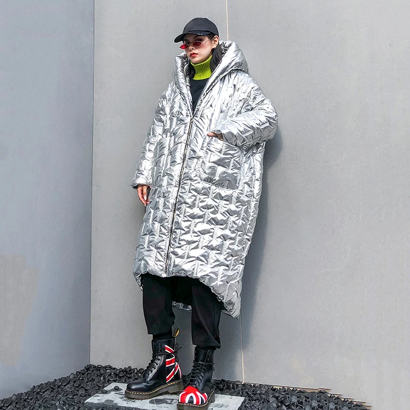 [EAM] длинное пальто с капюшоном большого размера, с хлопковой подкладкой, с длинным рукавом, свободный крой, женские парки, модная новинка, Осень-зима, 1K841