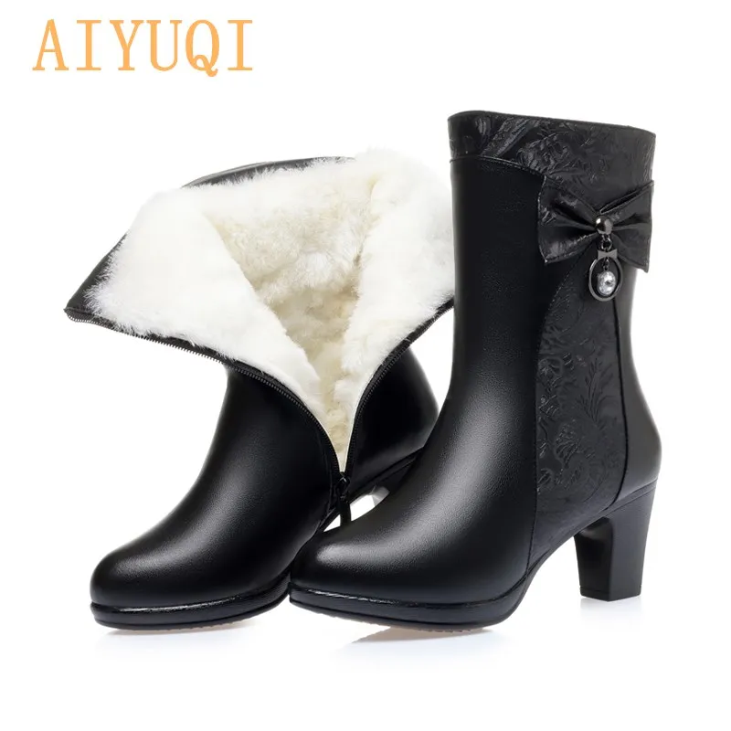 

AIYUQI Winter Boots Women Wool Keep Warm 2020 New Genuine Leather Shoes Woman Boots Fashion Bow Female Fashion Boots Thick Heel