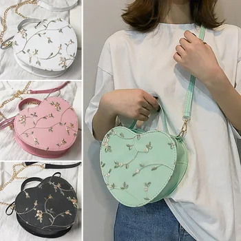 

Hot Sale Floral Embroidery Handbag Purse Shoulder Bag Heart Shaped Leather Chain Messenger Bags Crossbody Clutch Bag