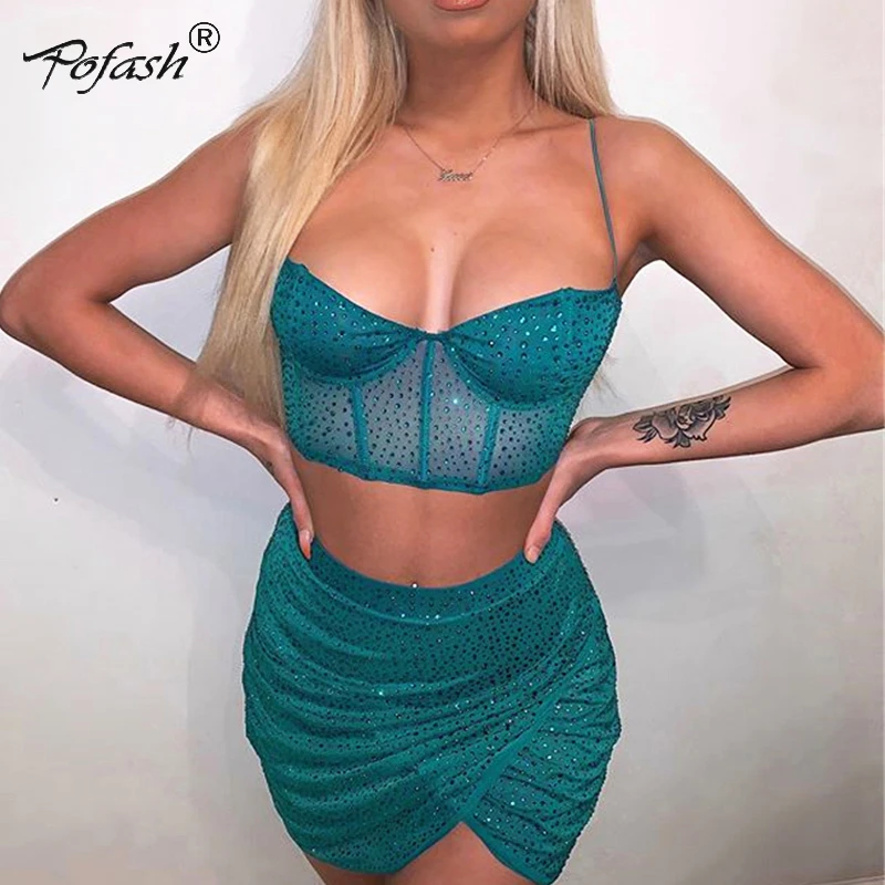 

Pofash Green Sequin Glitter Sexy Two Piece Set Mesh Tops And Skirt Summer Women Set Diamond Party Club 2 Piece Set Women Outfits