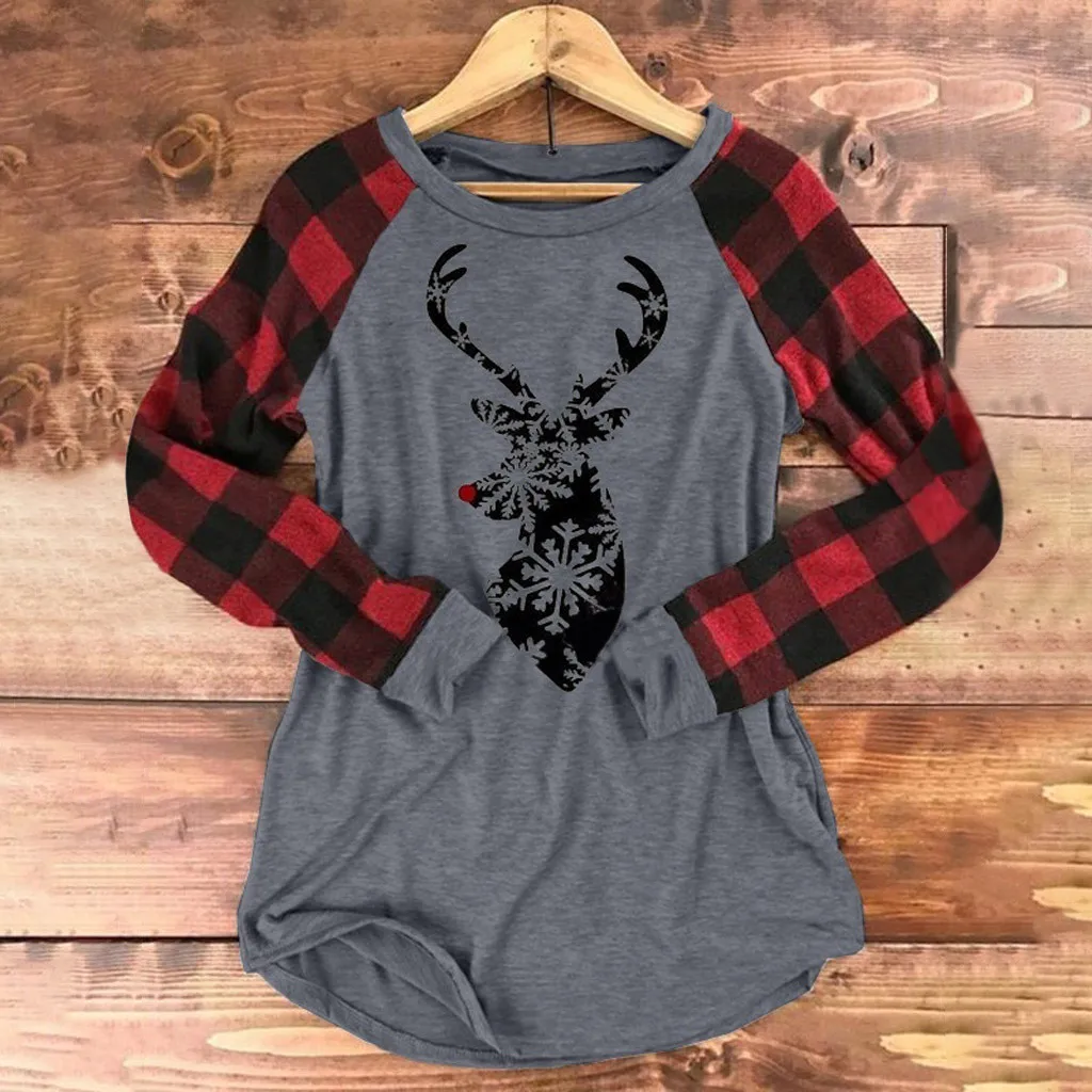 

Christmas Women T-Shirt Plaid elk print Funny Long Sleeve tshirt women Harajuku christmas clothes Tops Chemisier Femme 11.6