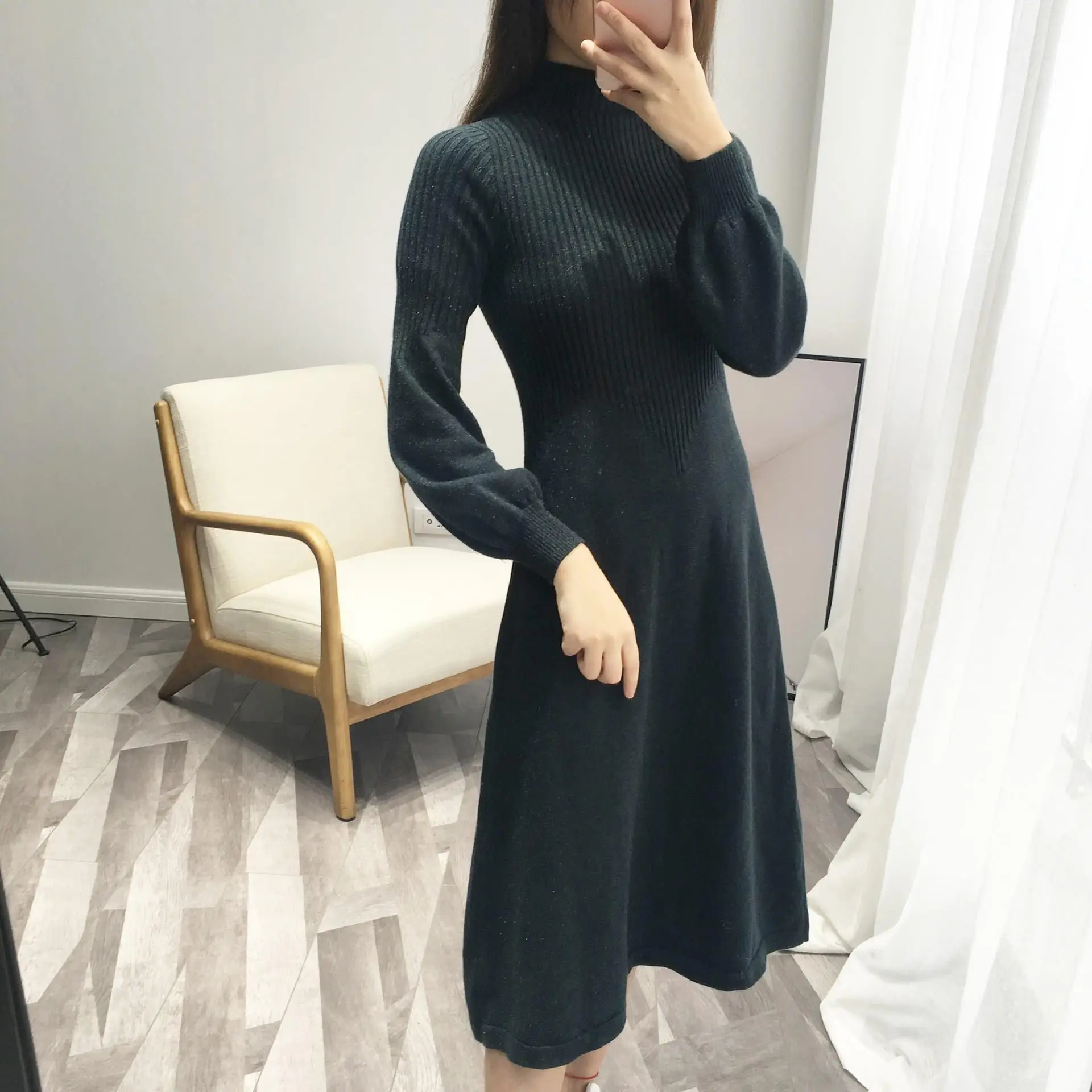 

Women Turtleneck Knitted Sweater Dress Winter Long Sleeve Elastic A-Line Dress Empire Solid Midi Dresses