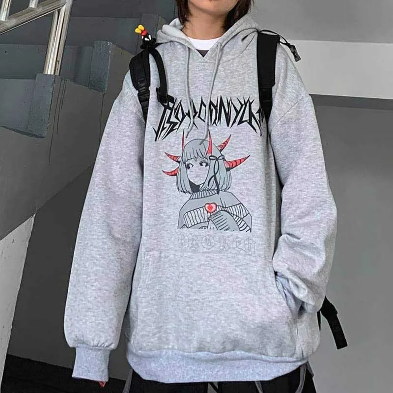 NiceMix Harajuku негабаритных толстовка женская осень мультфильм печати толстовки с длинным рукавом пуловер свободные милые толстовки забавные - Цвет: Серый