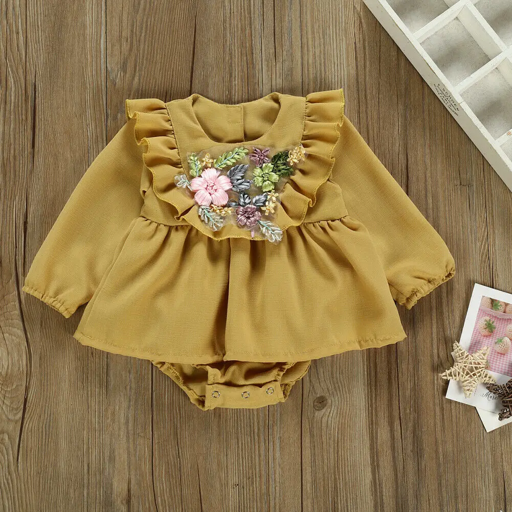 Cute Newborn Baby Girl Long Sleeve Floral Solid Color Dress Romper Jumpsuit Playsuit Outfits Baby Clothes